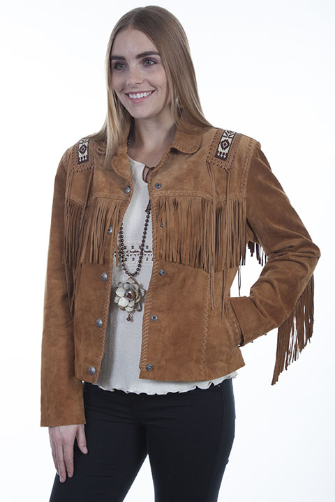 (image for) Ladies Hand Laced and Bead Trim Leather Jacket (XL / Expresso)